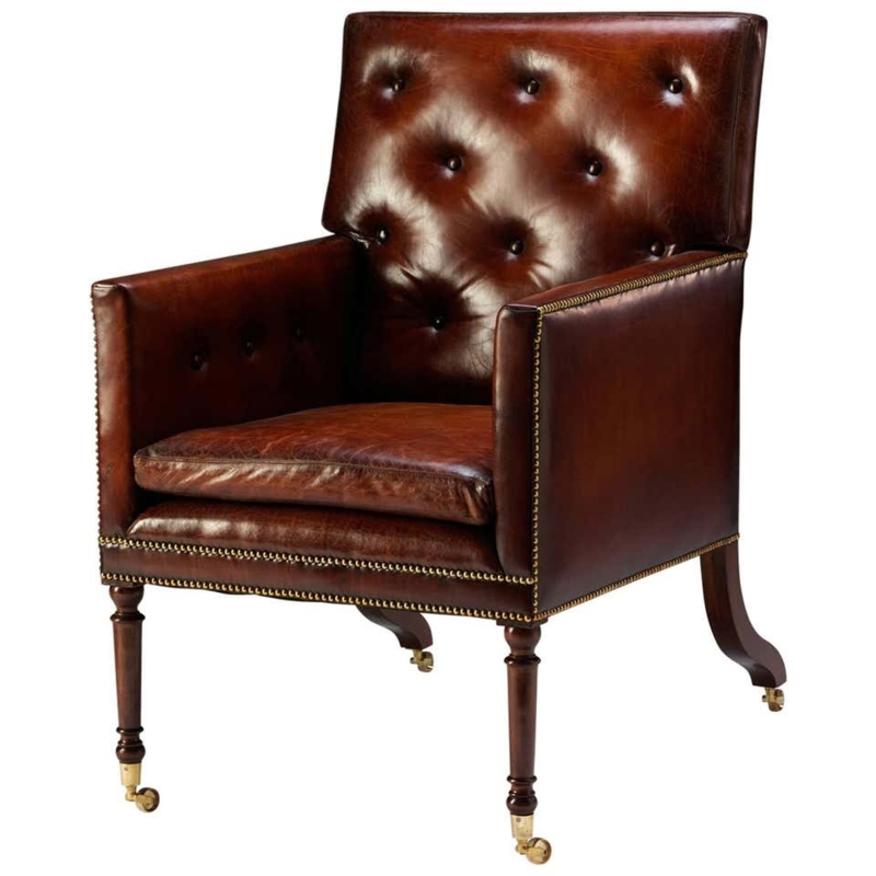 Classic Brown Leather Tufted Library Chair with Casters