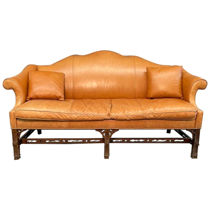Classic Camelback Leather Sofa with Carved Wood Base
