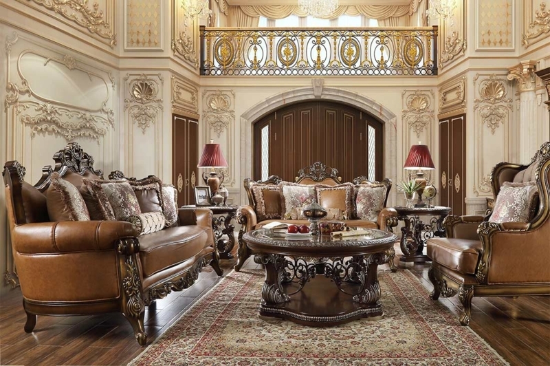 Classic Caramel Leather Sofa Set with Ornate Details