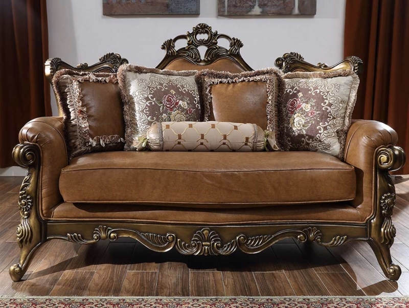 Classic Caramel Leather Sofa with Ornate Wood Frame