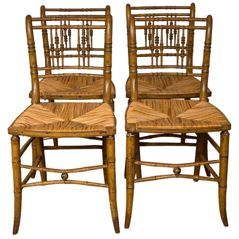 Classic English Faux Bamboo Dining Chairs with Woven Seats