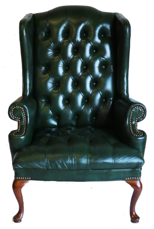 Classic Green Leather Tufted Wingback Chair