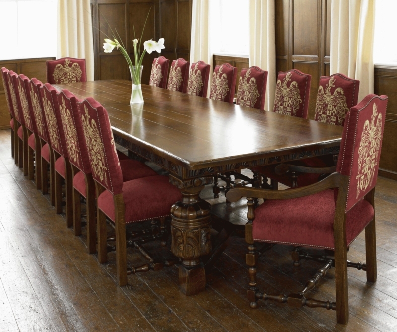 Classic Large Wooden Dining Table with Red Upholstered Chairs