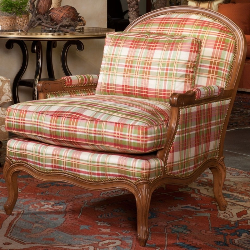 Classic Wooden Armchair with Colorful Plaid Upholstery