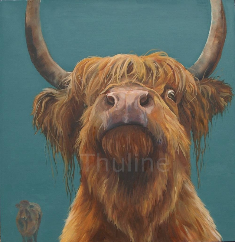 Close-Up Highland Cow Painting with Blue Background