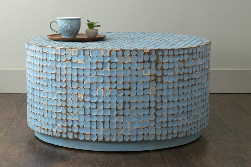 Coastal Blue Round Coffee Table with Textured Design