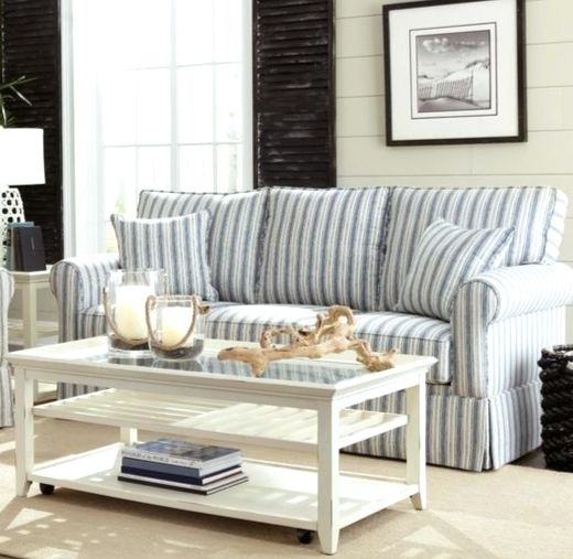 Coastal Blue Striped Sofa in Nautical Living Room