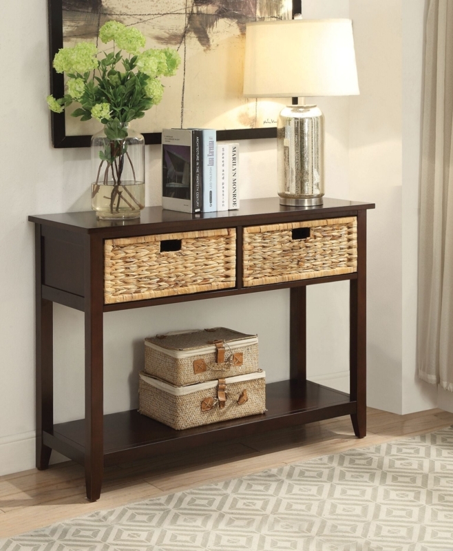 Coastal Console Table with Wicker Basket Storage