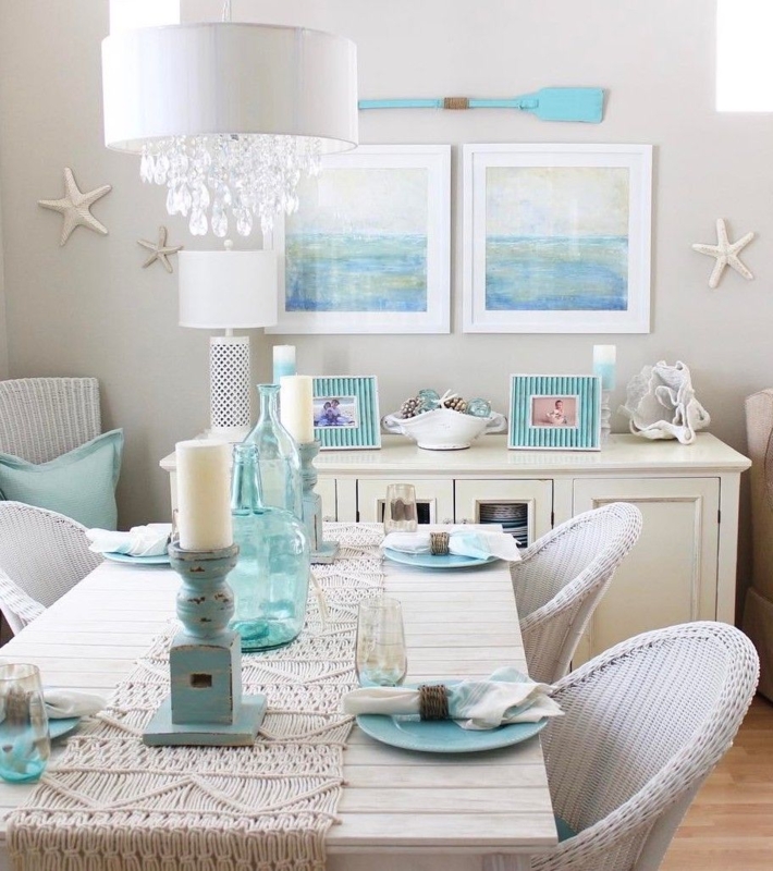 Coastal Dining Room with Aqua and White Decor