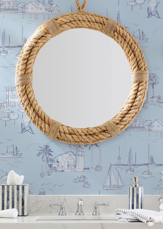 Coastal Nautical Round Bathroom Mirror with Rope Frame