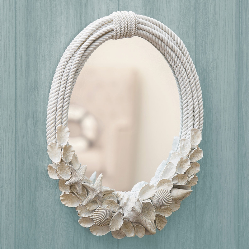 Coastal Rope Frame Oval Wall Mirror with Seashell Decor
