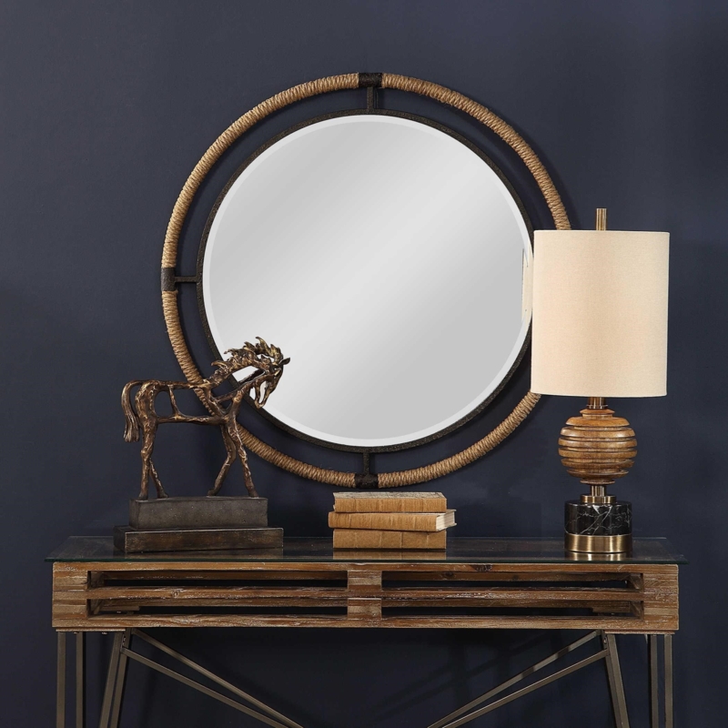 Coastal Round Wall Mirror with Rustic Console Table