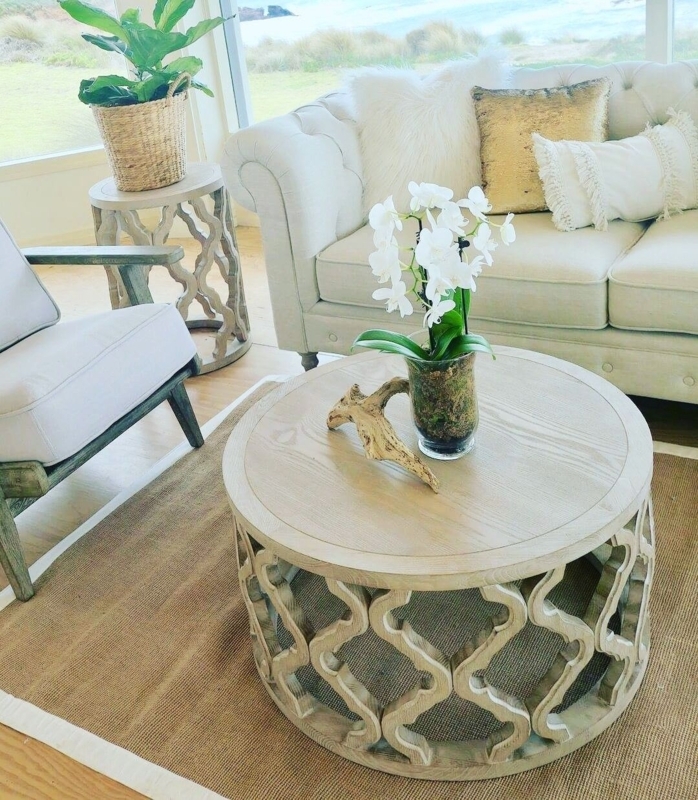 Coastal Round Wooden Coffee Table with Intricate Base