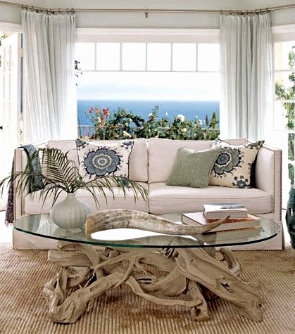 Coastal Style Living Room with Driftwood Coffee Table