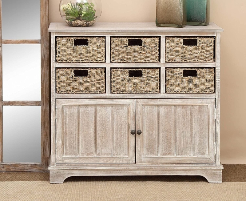 Coastal Style Whitewashed Storage Cabinet with Wicker Baskets