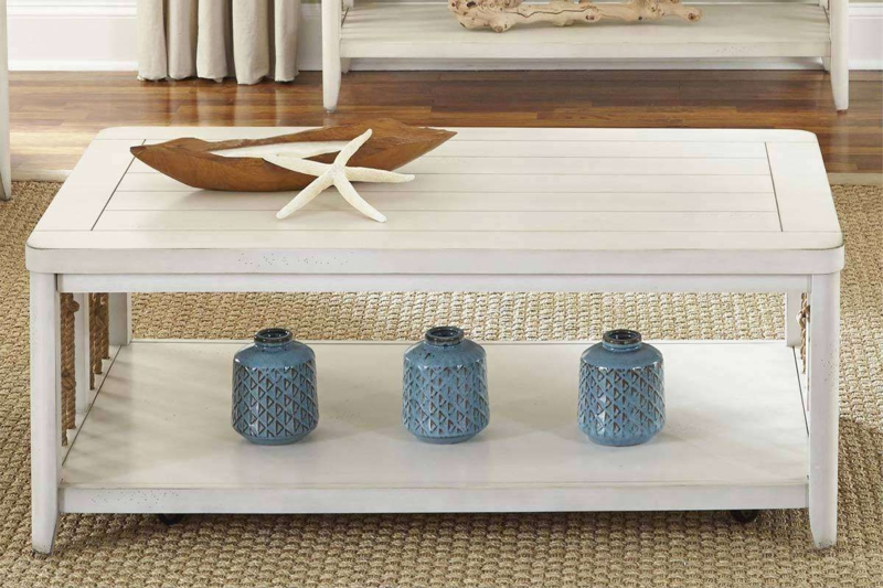Coastal White Coffee Table with Storage Shelf