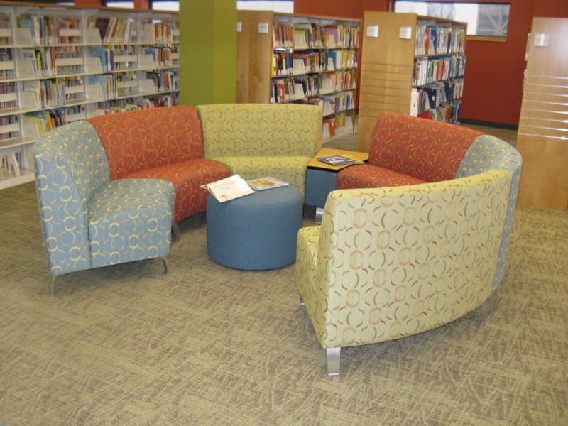 Colorful Curved Seating in Modern Home Library