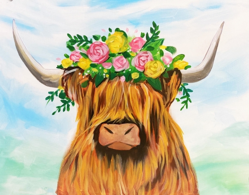 Colorful Highland Cow Wall Art with Floral Crown