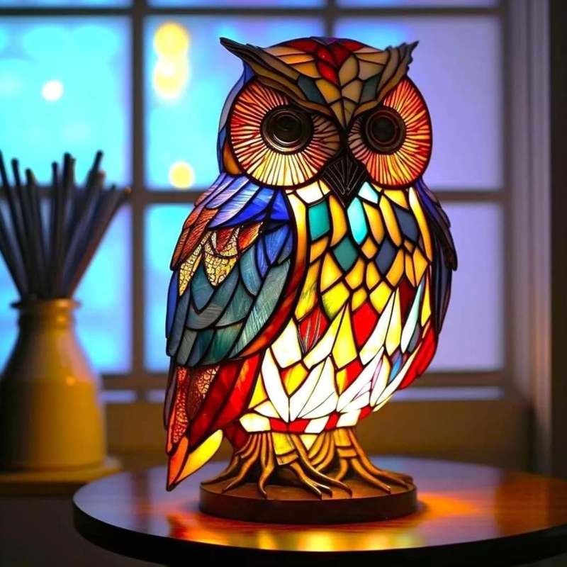 Colorful Stained Glass Owl Table Lamp