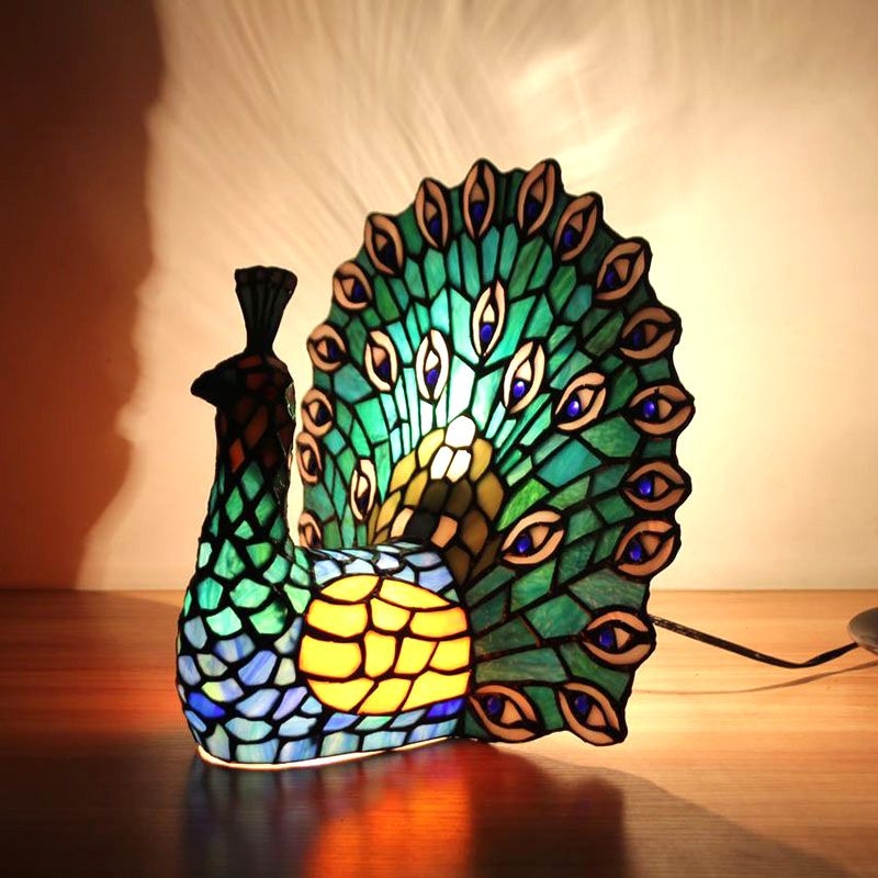 Colorful Stained Glass Peacock Table Lamp