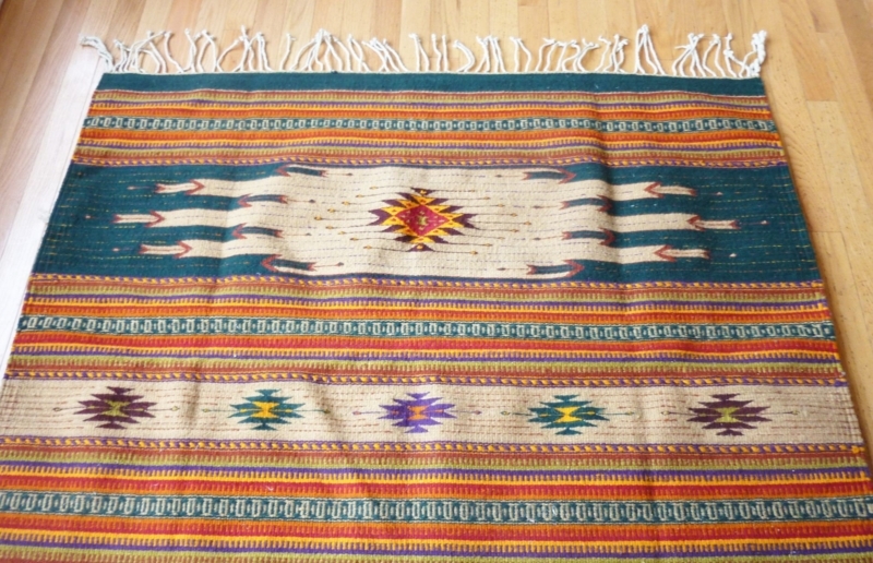 Colorful Zapotec Mexican Rug with Geometric Patterns