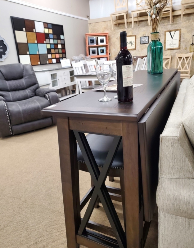 Compact Folding Bar Table with Stools Behind Sofa