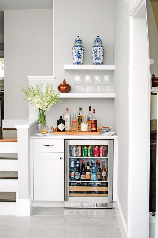 Compact White Home Bar with Built-In Mini Fridge