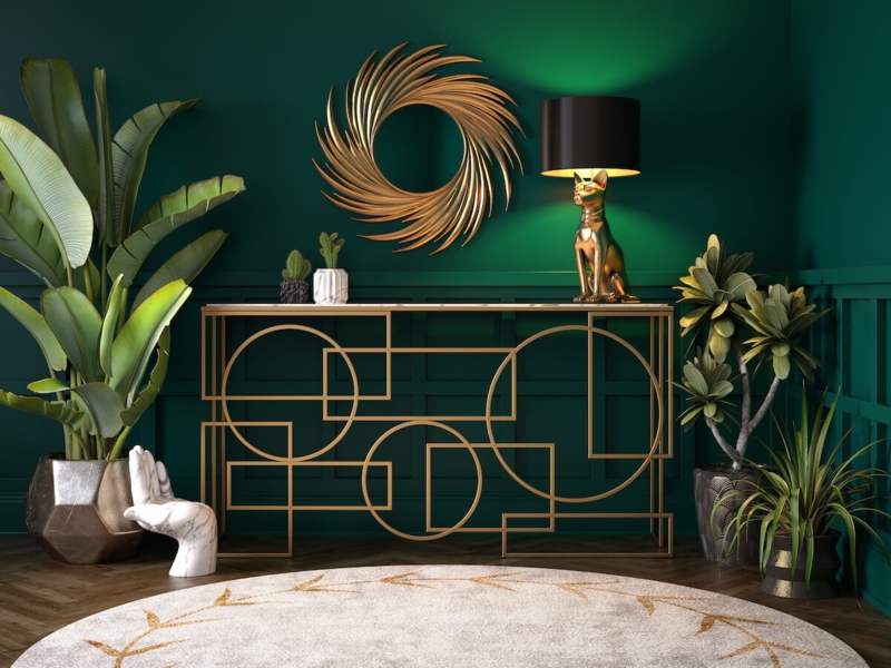 Console Table Geometric Gold Frame Cat Sculpture Lamp Entryway Design