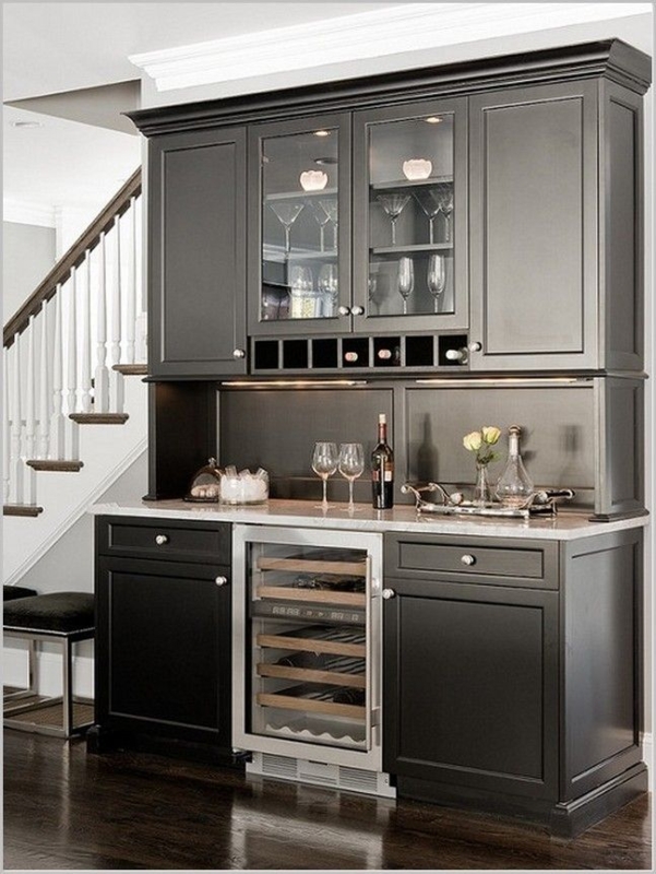 Contemporary Black Built-in Bar Cabinet with Wine Cooler