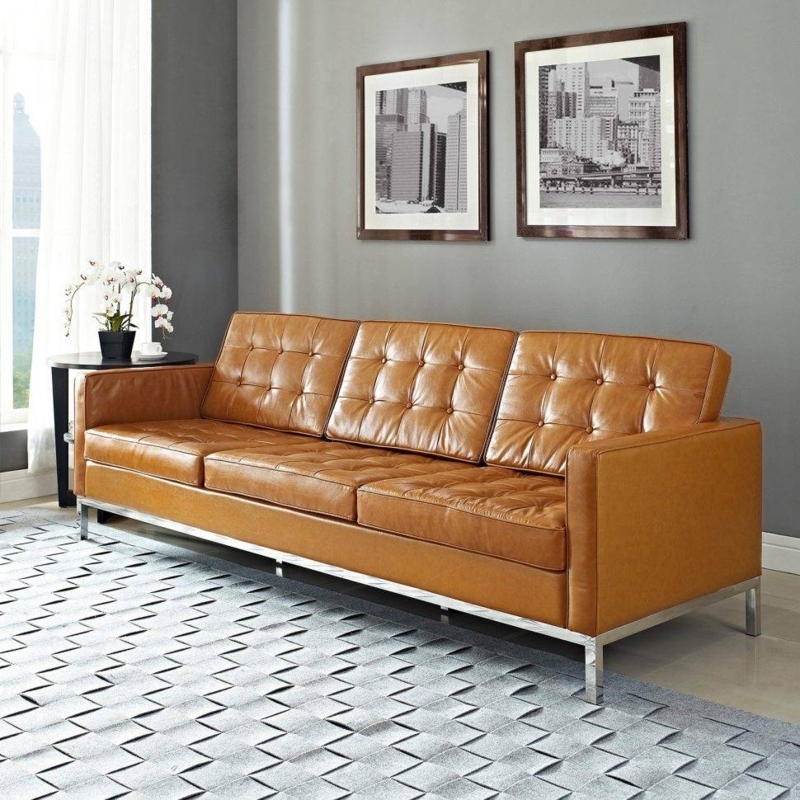 Contemporary Camel Leather Sofa with Stainless Steel Base