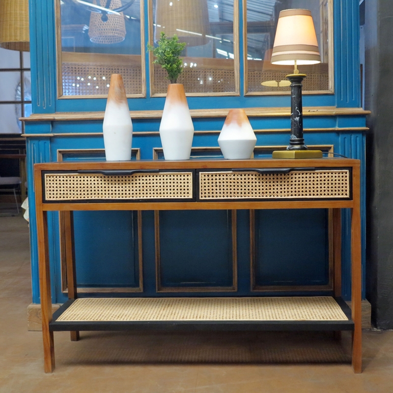 Contemporary Rattan Console Table with Decorative Vases
