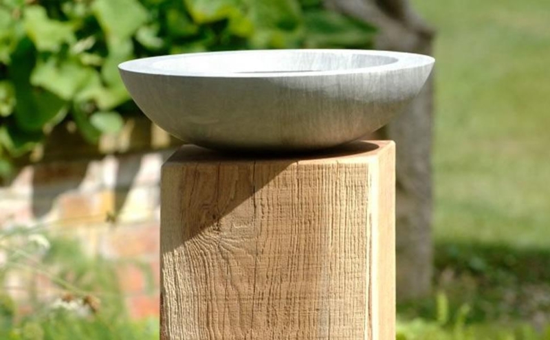 Contemporary Stone Bird Bath on Wooden Pedestal