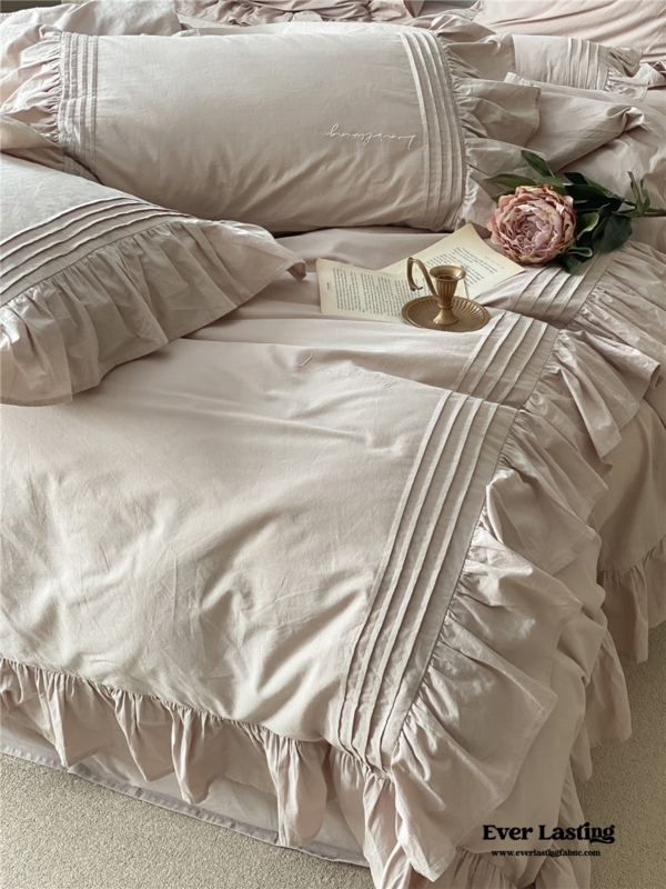 Coquette Ruffle Washed Cotton Khaki Bedding Set