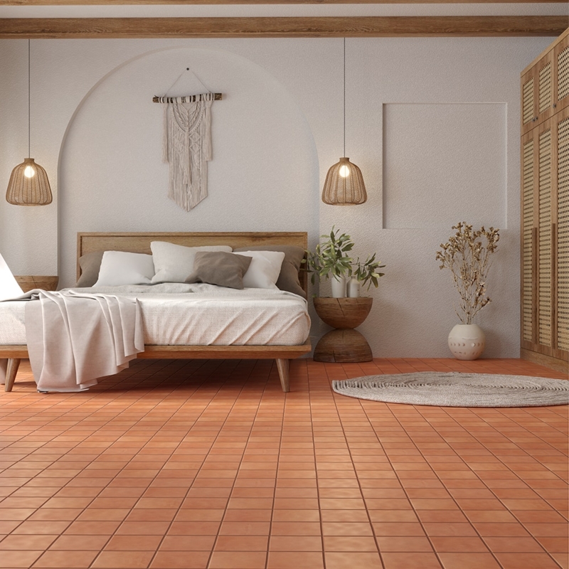Cozy Bedroom with Spanish Terra Cotta Tile Flooring