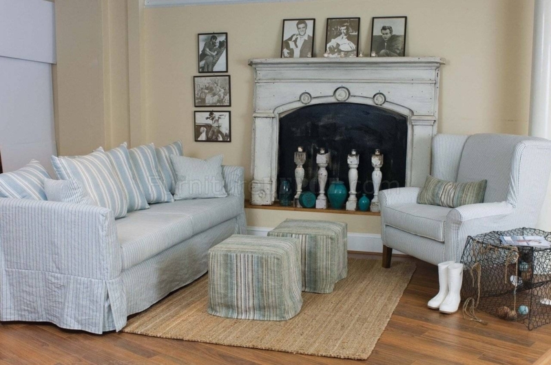 Cozy Blue and White Striped Living Room Sofas