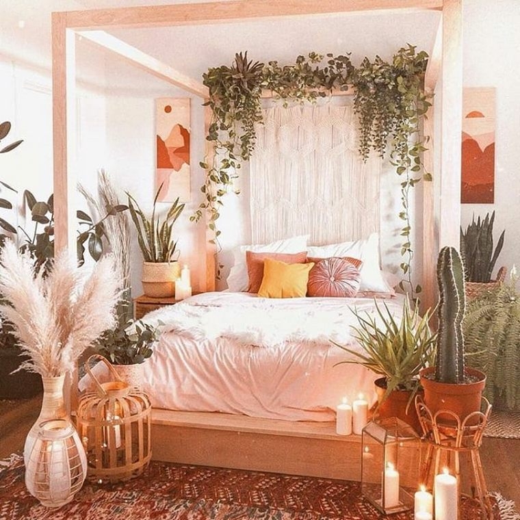 Cozy Bohemian Bed with Exposed Wooden Frame and Plants