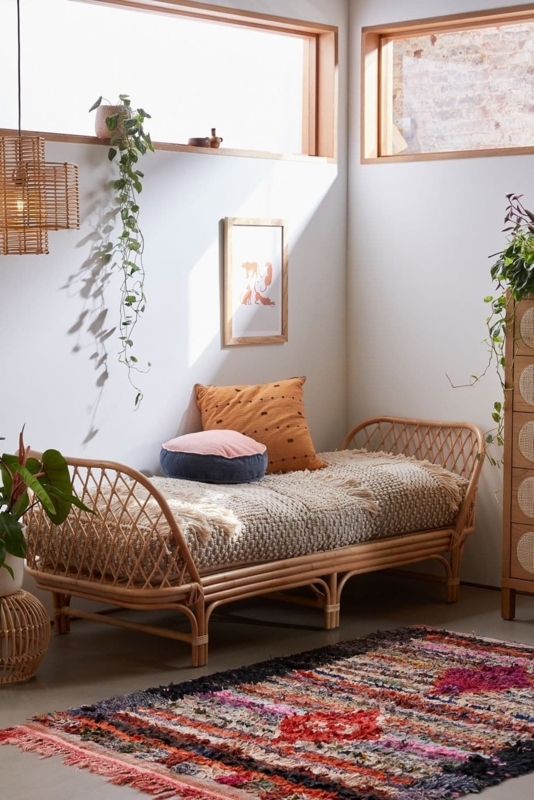 Cozy Boho Rattan Daybed with Colorful Rug