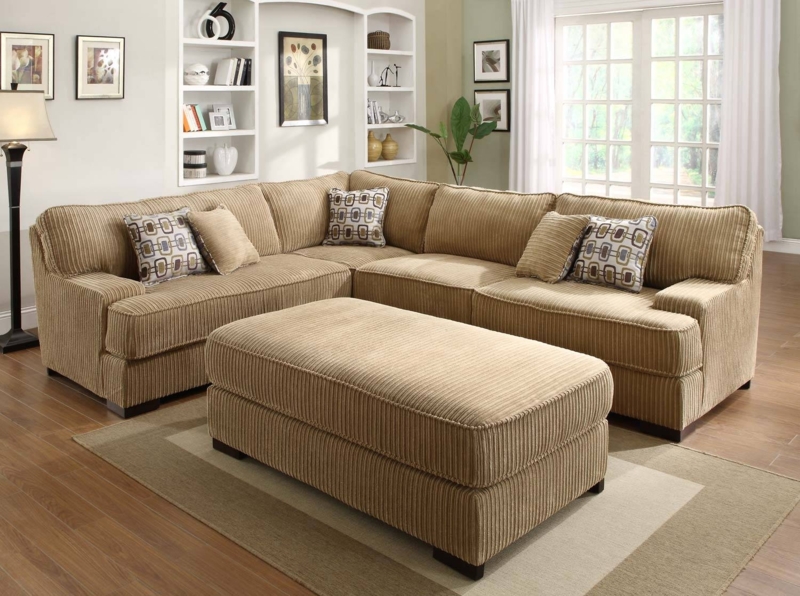 Cozy Camel Corduroy Sectional Sofa with Ottoman