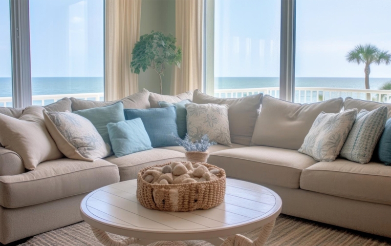 Cozy Coastal Living Room with Beachfront Views
