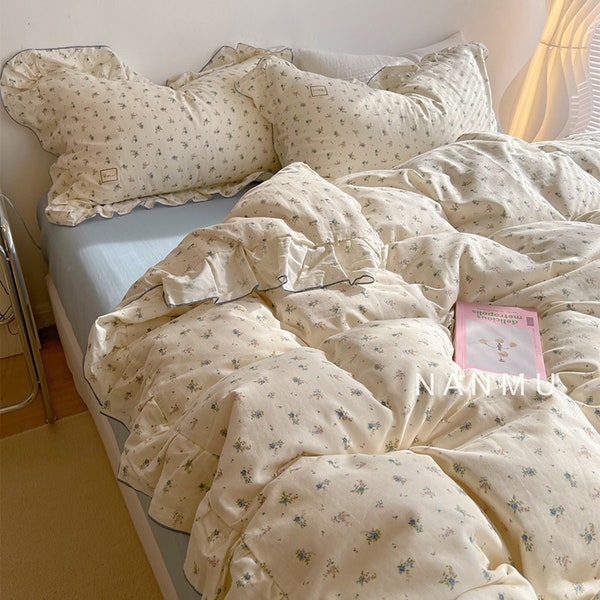 Cozy Cream Floral Ruffled Bedding Set