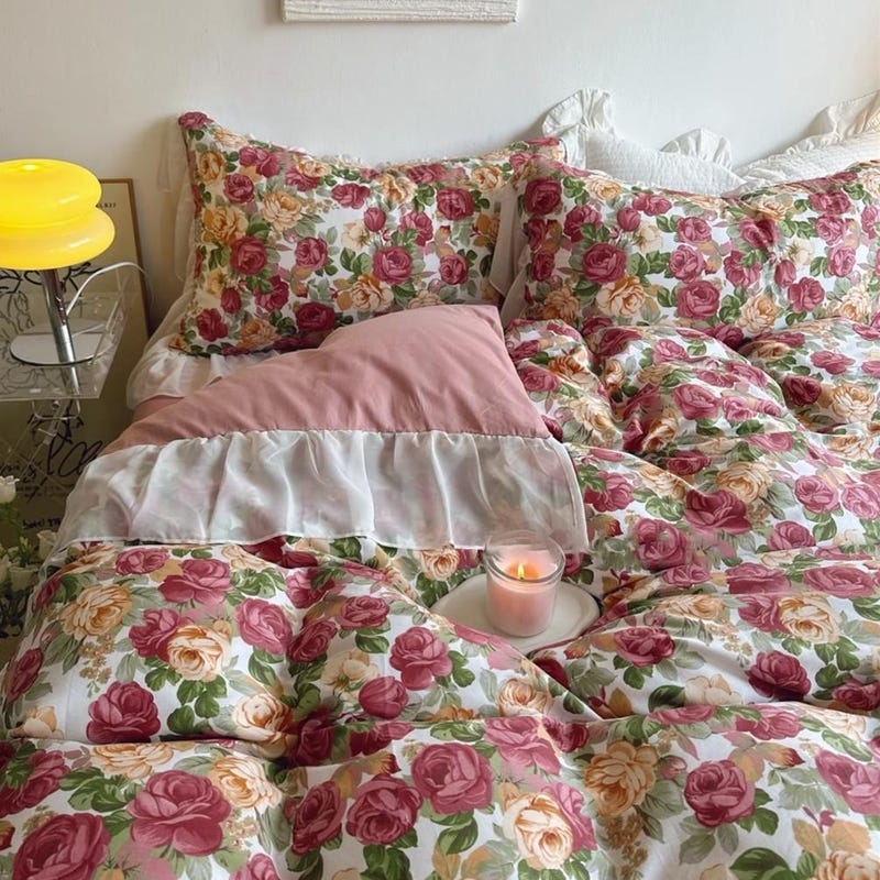 Cozy Floral Bedding with Pink and Yellow Roses