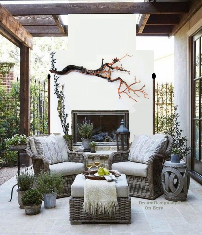Cozy Outdoor Seating with Driftwood Wall Art