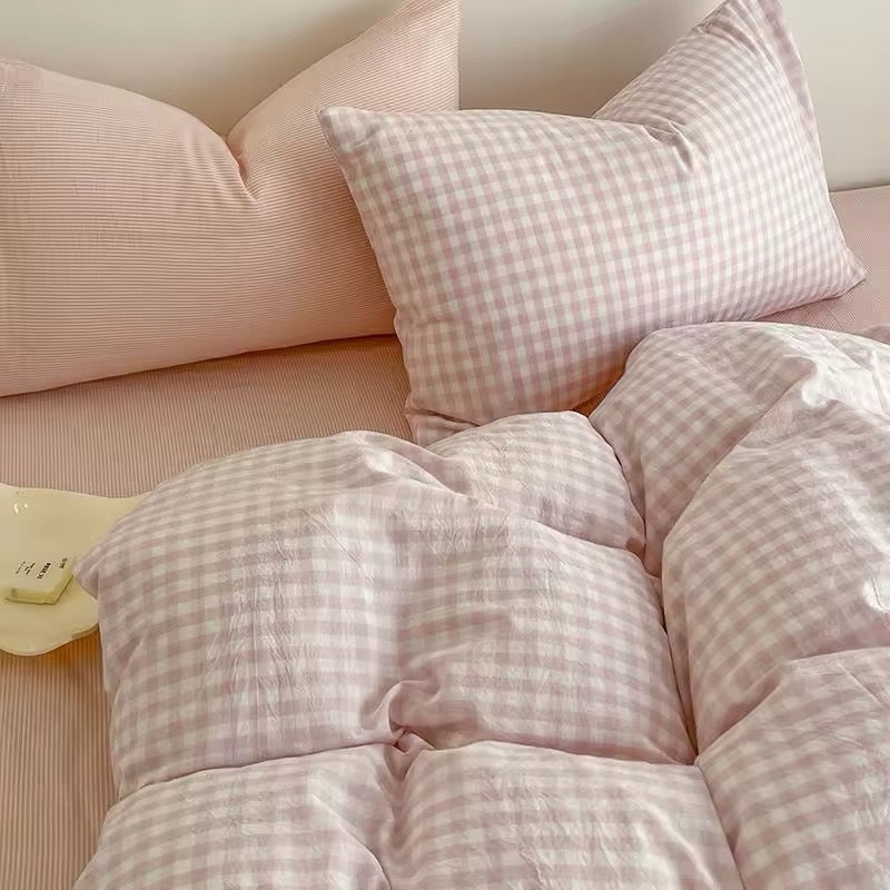 Cozy Pink Plaid Bedding for Soft Bedroom Aesthetic