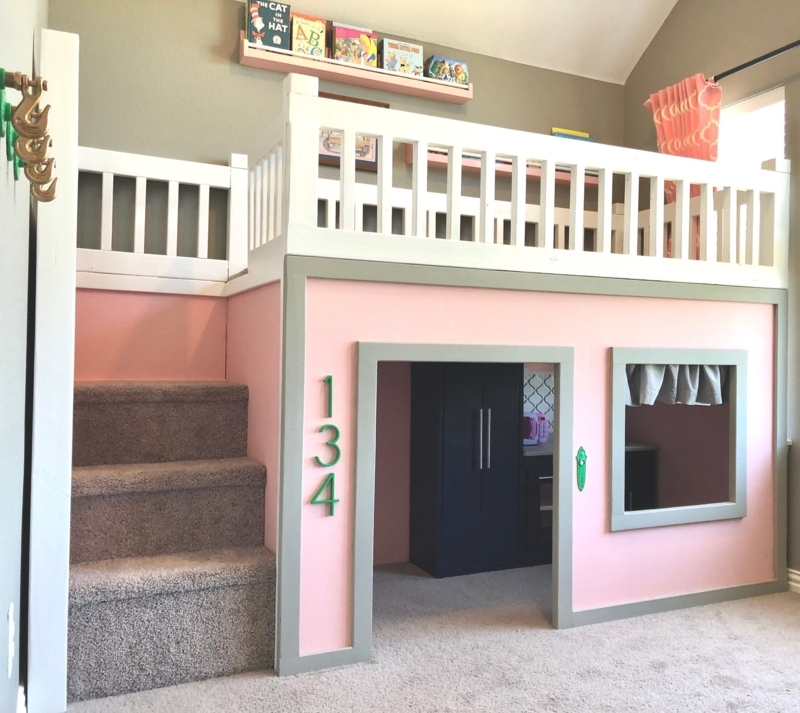 Cozy Pink Playhouse Loft Bed with Stairs