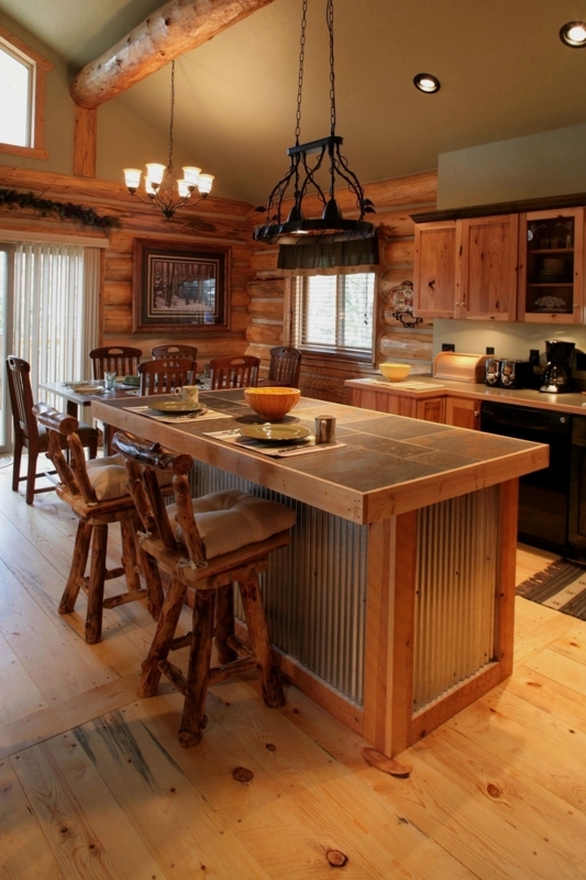 Cozy Rustic Country Kitchen Island with Wooden Stools