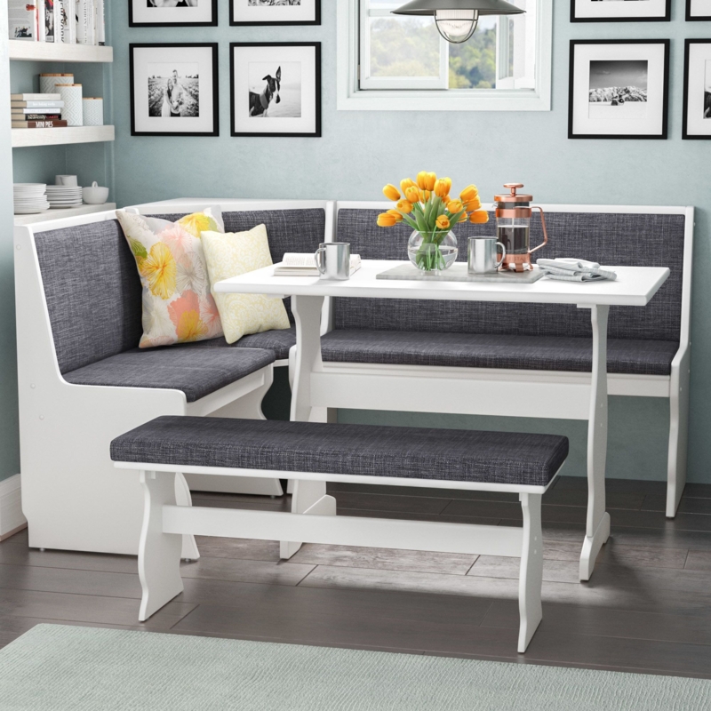 Cozy White Dining Table Booth Set with Gray Cushions