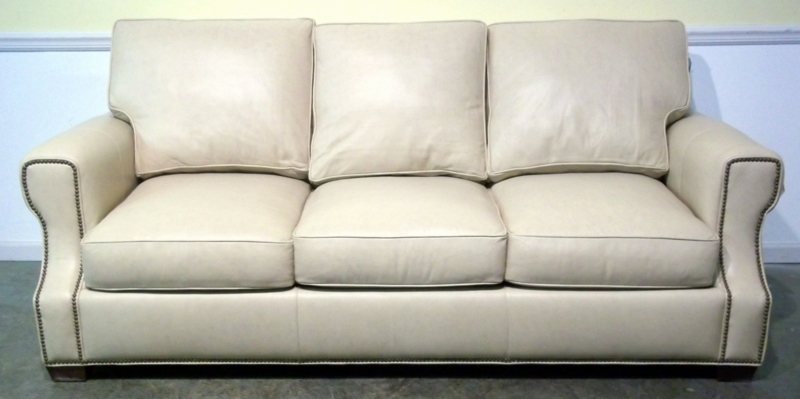 Cream Leather Recliner Sofa with Nailhead Trim