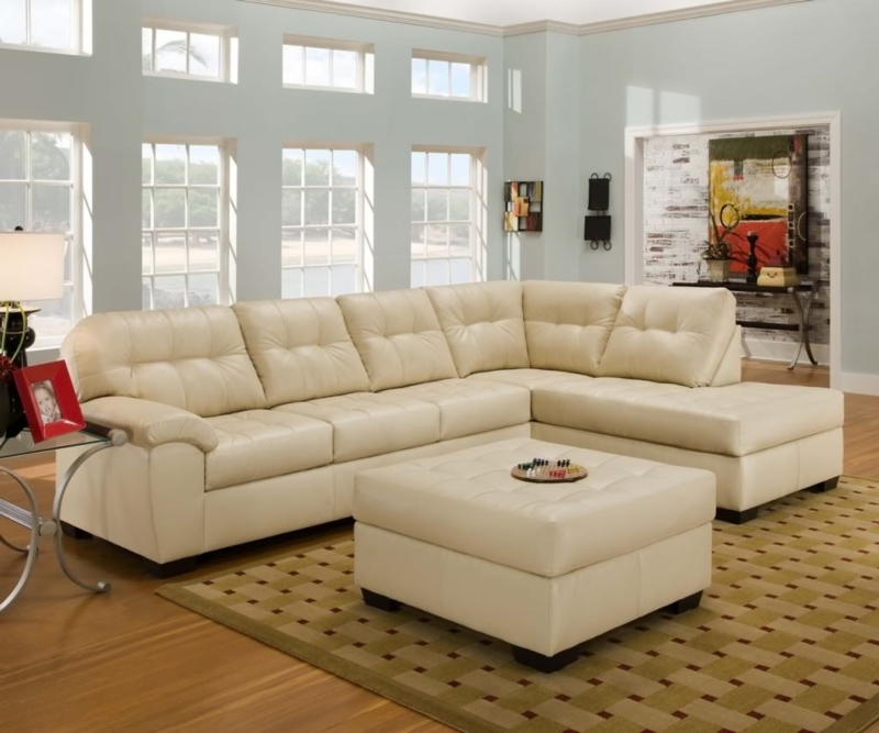 Cream Leather Sectional Sofa with Ottoman in Bright Space