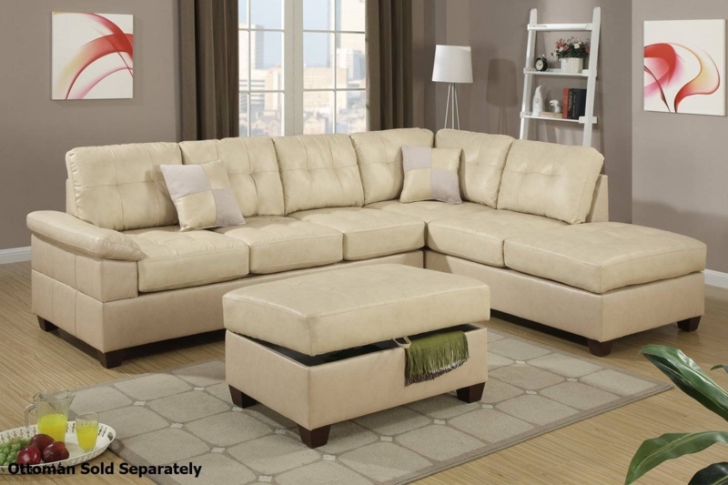Cream Leather Sectional Sofa with Storage Ottoman