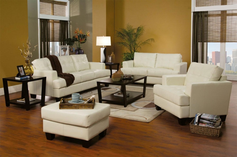 Cream Leather Sofa Set with Modern Brown Accents